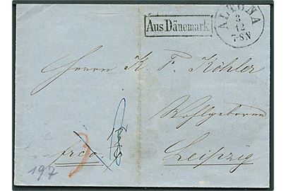 1862. Ufrankeret francobrev med antiqua Altona d. 3.12.1862 og rammestempel Aus Dänemark via K.D.O.P.A. Hamburg til Leipzig. Flere påtegninger.