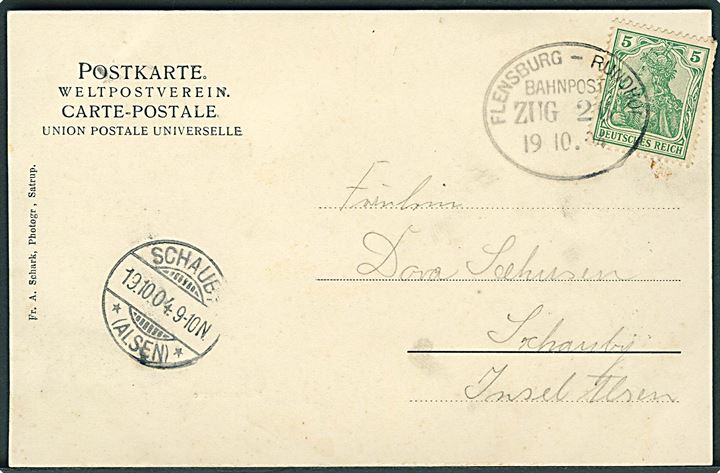 5 pfg. Germania på brevkort (Gruss aus Satrup) annulleret med bureaustempel Flensburg - Rundhof Bahnpost Zug 26 d. 19.10.1904 til Schauby på Als.