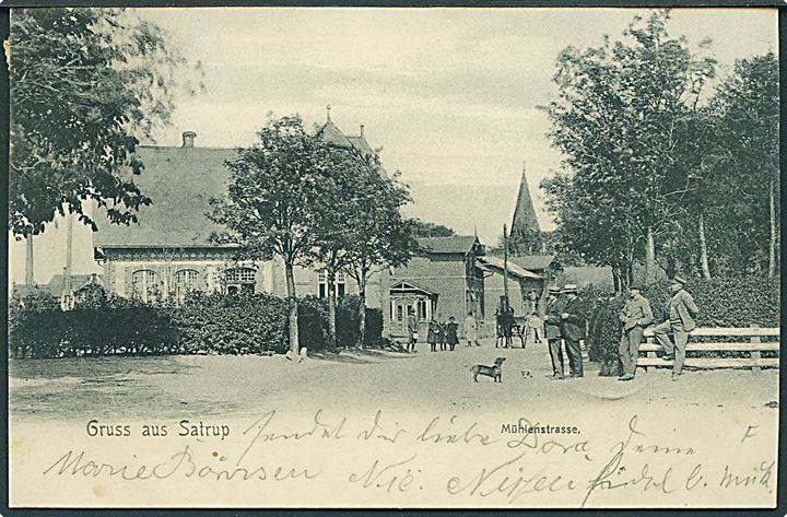 5 pfg. Germania på brevkort (Gruss aus Satrup) annulleret med bureaustempel Flensburg - Rundhof Bahnpost Zug 26 d. 19.10.1904 til Schauby på Als.