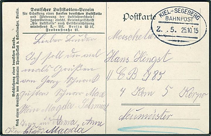 Ufrankeret feltpostkort annulleret med bureaustempel Kiel - Segeberg Bahnpost Z. 5 d. 25.10.1915 til militæradresse i Münster.