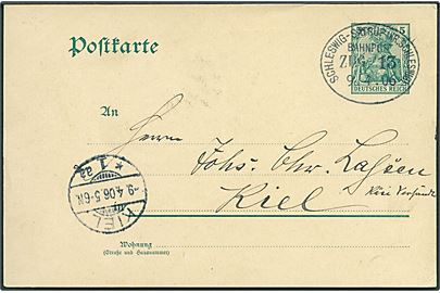 5 pfg. Germania helsagsbrevkort fra Torsballig annulleret med bureaustempel Schleswig - Satrup (Kr. Schleswig) Bahnpost Zug 13 d. 9.4.1906 til Kiel.