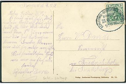 5 pfg. Germania på brevkort (Gruss aus Schleswig) annulleret med bureaustempel Schleswig - Satrup (Kr. Schleswig) Bahnpost Zug 17 d. 9.11.1910 til Friedrichsholm.
