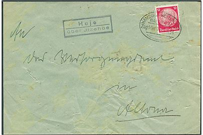 12 pfg. Hindenburg på brev annulleret med bureaustempel Hamburg - Westerland Bahnpost Zug 1919 d. 5.5.1934 og sidestemplet Huje über Jtzehoe til Altona. Noget medtaget. 