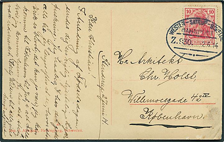 10 pfg. Germania på brevkort dateret Stenderup annulleret med bureaustempel Wester-Satrup - Schelde Bahnpost Zug 930 d. 2.6.1914 til København, Danmark.