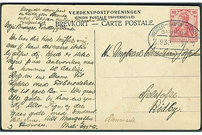 10 pfg. Germania på brevkort fra Broager annulleret med bureaustempel Wester-Satrup - Schelde Bahnpost Zug 930 d. 9.9.1910 til Rødby, Danmark.