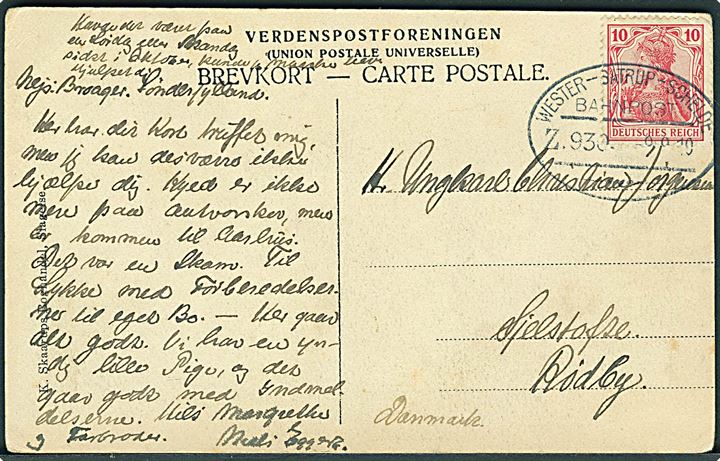10 pfg. Germania på brevkort fra Broager annulleret med bureaustempel Wester-Satrup - Schelde Bahnpost Zug 930 d. 9.9.1910 til Rødby, Danmark.