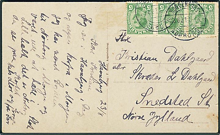 5 øre Chr. X (3) på brevkort (Partier fra Nørborg) dateret Havnbjerg og annulleret med bureaustempel Sønderborg - Nørborg sn1 T.06 d. 23.8.1921 til Snedsted.