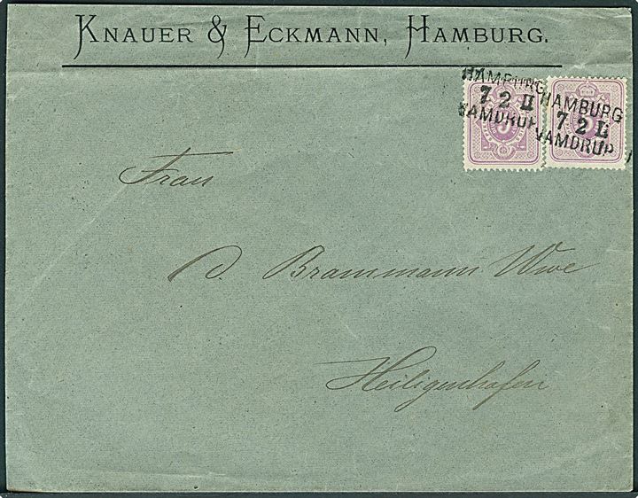 5 pfg. Ciffer (2) på brev fra Hamburg annulleret med bureaustempel Hamburg - Vamdrup d. 7.2.1884 til Heiligenhafen.