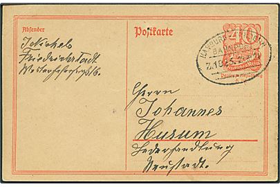 40 pfg. infla helsagsbrevkort fra Friedrichstadt annulleret med bureaustempel Hamburg - Tondern Bahnpost Zug 1023 d. 28.10.1921 til Husum.