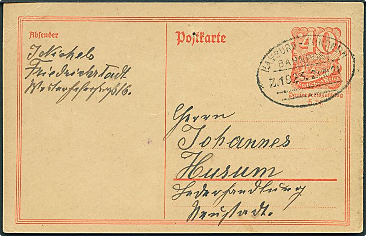 40 pfg. infla helsagsbrevkort fra Friedrichstadt annulleret med bureaustempel Hamburg - Tondern Bahnpost Zug 1023 d. 28.10.1921 til Husum.