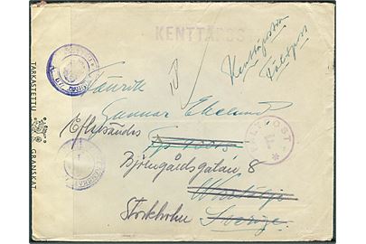 Ufrankeret feltpostbrev med violet stempel Fältpost F. fra svensk frivillig soldat, Løjtn. Ekelund,  ved KpK 2/1879 til Norrtälje, Sverige - eftersendt til Stockholm med stempel Norrtälje d. 5.11.1941. Åbnet af finsk censur.