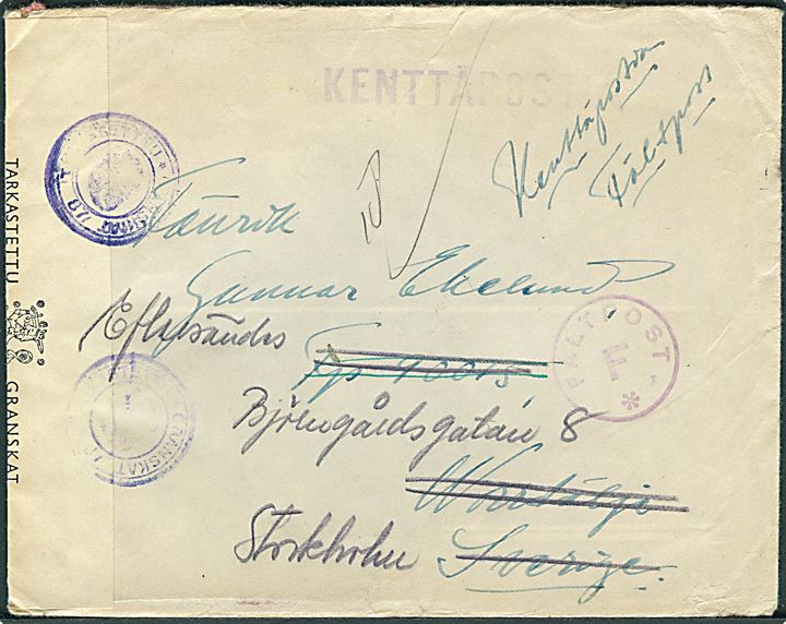 Ufrankeret feltpostbrev med violet stempel Fältpost F. fra svensk frivillig soldat, Løjtn. Ekelund,  ved KpK 2/1879 til Norrtälje, Sverige - eftersendt til Stockholm med stempel Norrtälje d. 5.11.1941. Åbnet af finsk censur.