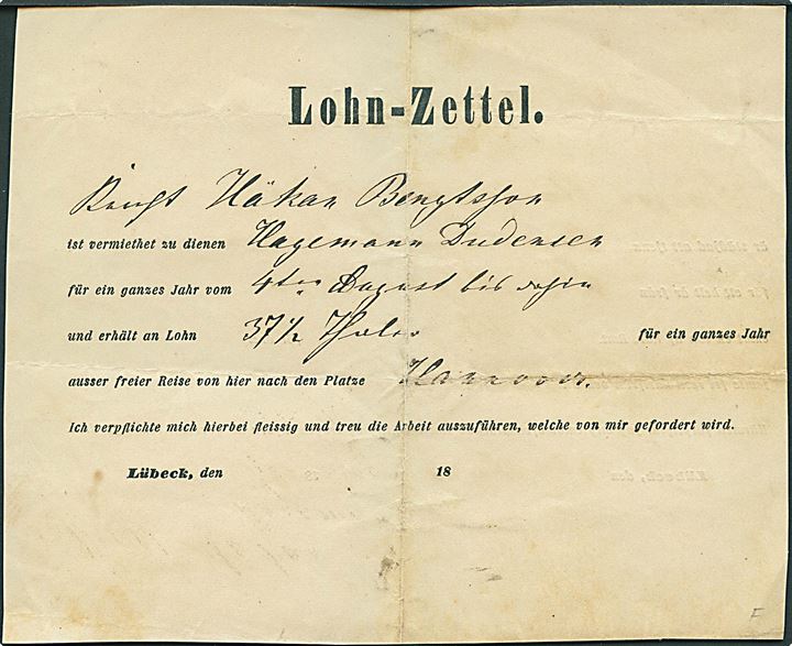 2-sproget (Tysk/svensk) Lönsedel dateret d. 4.8.1869. 