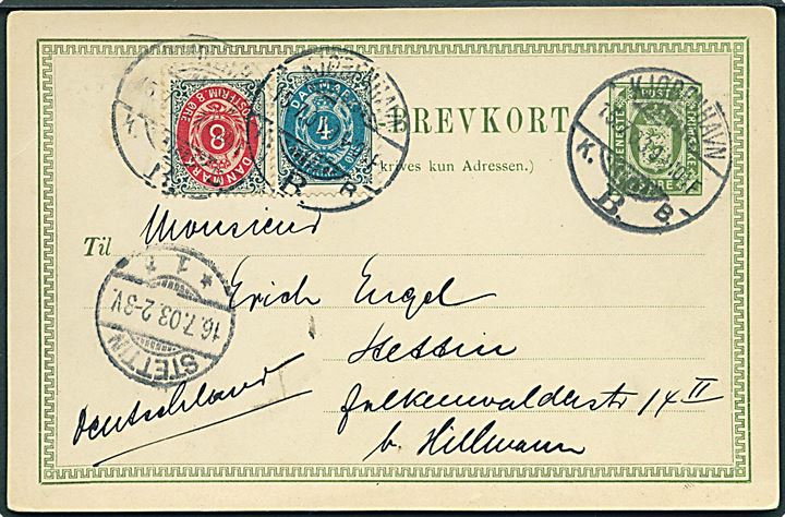 5 øre Tjenestebrevkort opfrankeret med 4 øre og 8 øre Tofarvet fra Kjøbenhavn d. 15.7.1903 til Stettin, Tyskland.