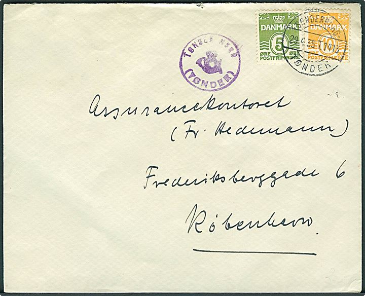 5 øre og 10 øre Bølgelinie på brev annulleret med bureaustempel Sønderborg - Tønder T.1413 d. 29.4.1935 og sidestemplet med posthornstempel Tønder Nord (TØNDER) til København.