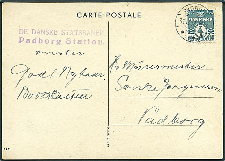 4 øre Bølgelinie på DSB-Reklamekort (Storstrømsbroen) sendt som lokal nytårshilsen i Padborg d. 31.12.1938. Violet afs.stempel: DE DANSKE STATSBANER. Padborg Station.