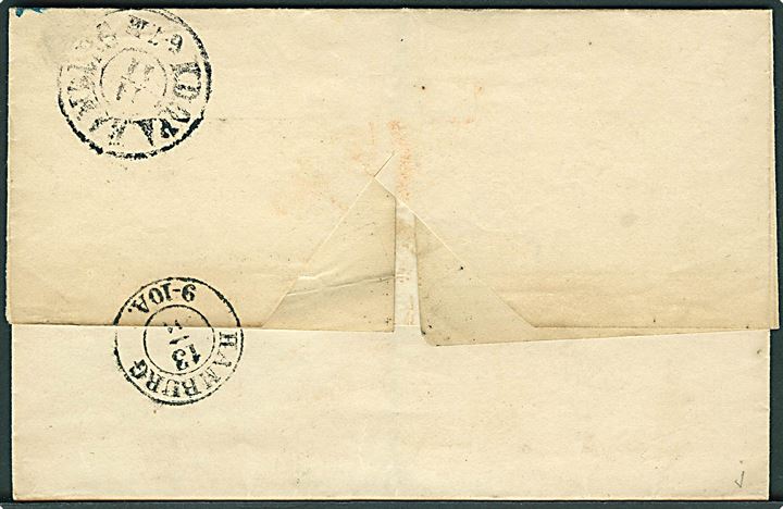 1857. Portobrev fra Aachen d. 12.11.1857 via K.D.O.P.A. Hamburg til Altona. Flere portopåtegninger.