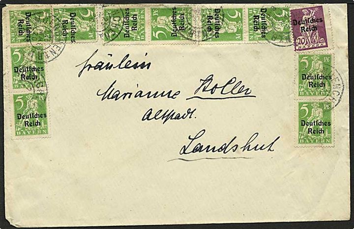 5 pfg. (10) og 20 pfg. Deutsches Reich provisorier på brev fra München 25.5.1920 til Landshut.