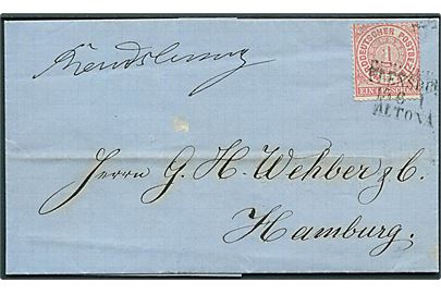 1 gr. Ciffer single på brev annulleret med bureaustempel Flensburg - Altona d. 15.6.1869 og håndskrevet bynavn Rendsburg til Hamburg.
