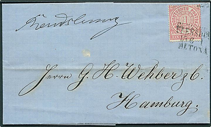 1 gr. Ciffer single på brev annulleret med bureaustempel Flensburg - Altona d. 15.6.1869 og håndskrevet bynavn Rendsburg til Hamburg.