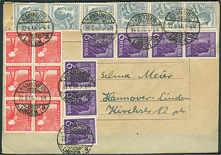 6 pfg. (7), 8 pfg. (6) og 12 pfg. (6) på Zehn-fach frankeret lokalbrev i Hannover d. 22.6.1948.