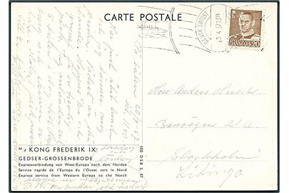 20 øre Fr. IX på brevkort (M/F Kong Frederik IX) annulleret med håndrulle skibsstempel Dansk Søpost Gedser-Grossenbrode d. 20.4.1957 til Stockholm, Sverige.
