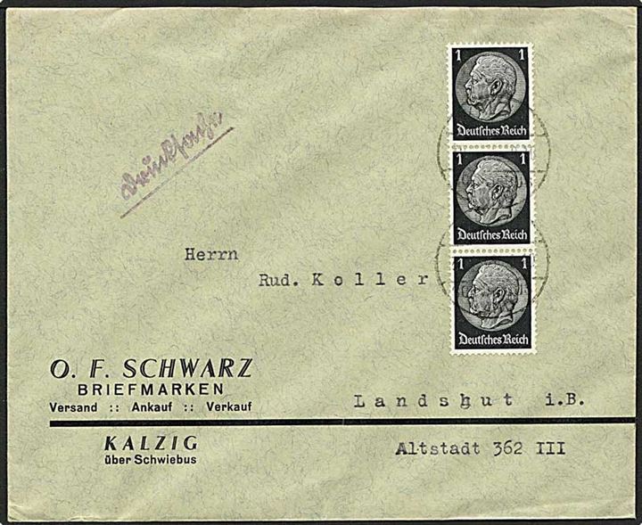 1 pfg. Hindenburg i 3-stribe på tryksag stemplet Kalzig Schwiebus LAND 1935 til Landshut