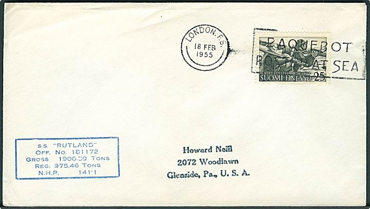 25 mk. på filatelistisk skibsbrev annulleret London F.S. Paquebot posted at sea d. 18.2.1955 til Woodhaven, USA. Privat skibsstempel: S.S. Rutland.