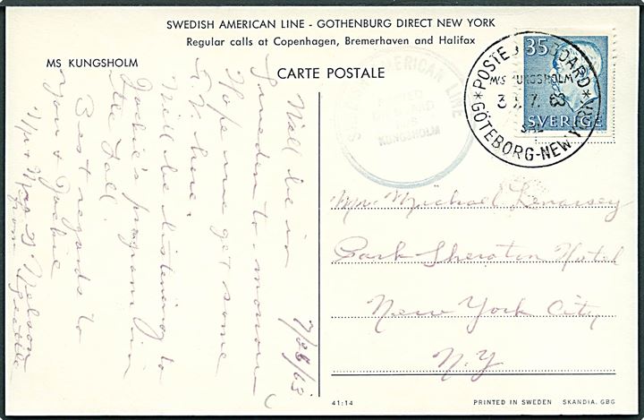 35 öre Gustaf på brevkort (M/S Kungsholm) annulleret med skibsstempel Posted on board M/S Kungsholm * Göteborg - New York * d. 30.7.1963 til New York, USA.