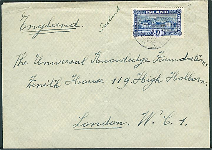 35 aur Landskab single på brev fra Hafnarfjördur annulleret med svagt stempel til London, England.