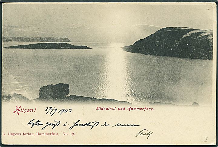 10 øre Posthorn stemplet Hammerfest d. 27.7.1903 og 10 øre Vadsø Bypost på brevkort (Midnatsol ved Hammerfest til Hals, Bayern. Dekorativ.