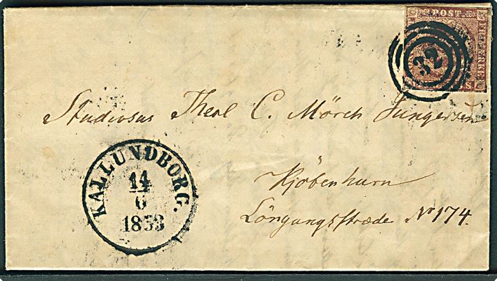 4 R.B.S. Thiele I på brev med indhold dateret Brejninge d. 13.6.1853 annulleret med nr.stempel 32 og sidestemplet antiqua Kallundborg. d. 14.6.1853 til Kjøbenhavn. 