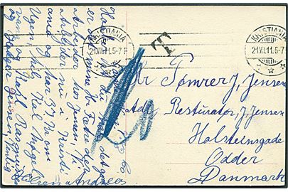 Ufrankeret brevkort (Skibe ved Akershus) fra Kristiania d. 21.7.1911 til Odder, Danmark. Sort T stempel og udtakseret i 10 øre dansk porto.