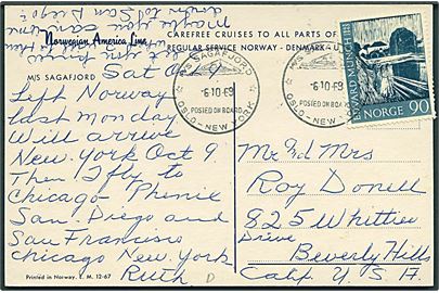 90 øre Munch på brevkort (M/S Sagafjord) annulleret med skibsstempel N/S Sagafjord posted on board * Oslo - New York * d. 6.10.1969 til Beverley Hills, USA.