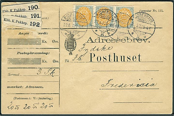 100 øre Tofarvet i vandret 3-stribe på adressebrev for 3 pakker fra Kjøbenhavn d. 22.6.1903 til Fredericia.