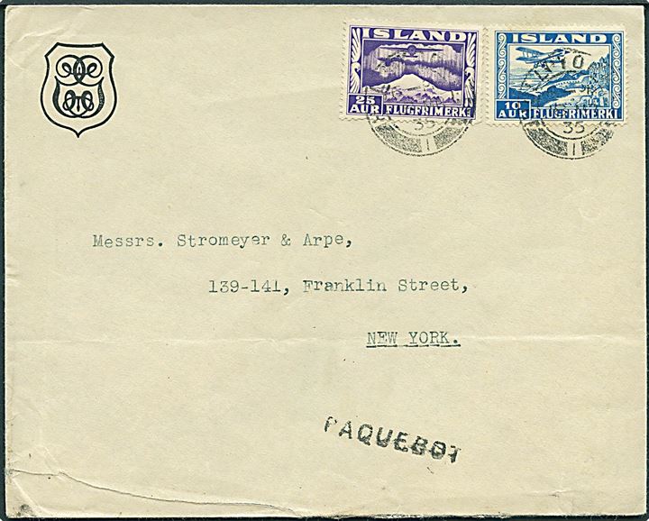 10 aur og 25 aur Luftpost på skibsbrev fra Reykjavik annulleret med engelsk stempel Hull, Yorks. d. 18.3.1935 og sidestemplet Paquebot til New York, USA. Rift i bunden.