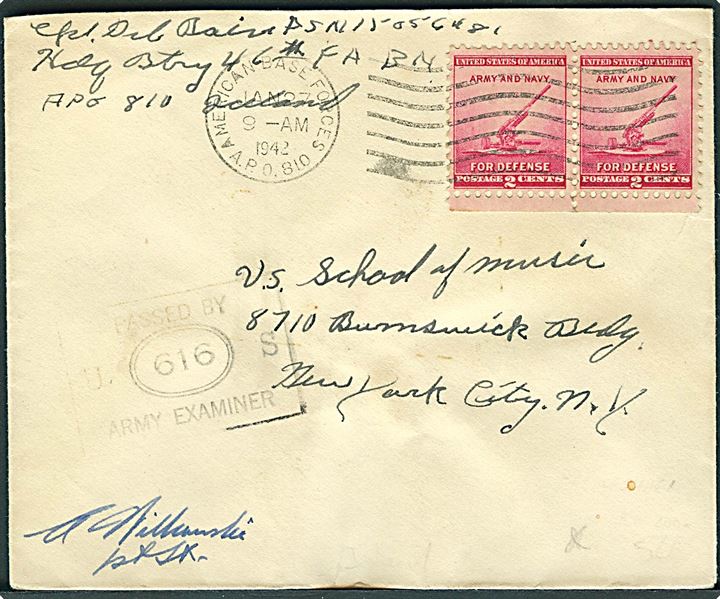 2 cents Defense i parstykke på brev annulleret American Base Forces A.P.O. 810 d. 27.1.1942 til New York, USA. Fra soldat ved Hdq. Btry 46th Field Artillery Bn. APO 810 (= Reykjavik), Island. Sort unit censor no. 616.