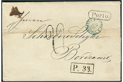 1862. Ufrankeret portobrev fra St. Petersburg d. 5.12.1862 til Bordeaux, Frankrig. Rammestempel Porto og P.33, samt blåligt grænsestempel Prusse Valenciennes d. 21.12.1862. 