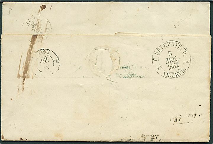 1862. Ufrankeret portobrev fra St. Petersburg d. 5.12.1862 til Bordeaux, Frankrig. Rammestempel Porto og P.33, samt blåligt grænsestempel Prusse Valenciennes d. 21.12.1862. 