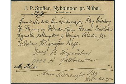 Håndskrevet fragtbrev fra Nybølnoor pr. Nybøl for forsendelse med skipper Paladin til Sønderborg. Interessant. 
