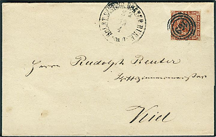 4 sk. 1858 udg. på brev annulleret med nr.stempel 169 og svagt sidestempel Holst. Eisenb. Postsp. Bureau d. 12.4.18xx til Kiel.