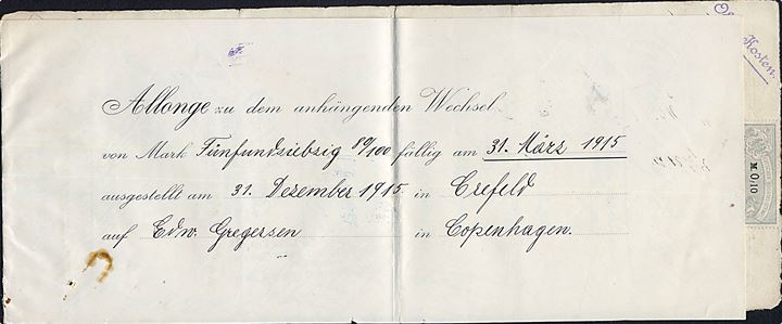 Dansk 25 øre Stempel mærke og tysk 0,10 mk. Stempel mærke på for- og bagside af Veksel fra Krefeld d. 31.12.1914.
