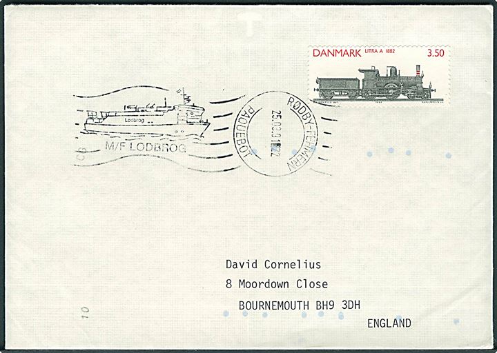 3,50 kr. Lokomotiv på brev annulleret med skibs-håndrullestempel Rødby-Fehmern Paquebot/M/F Lodbrog d. 25.3.1991 til Bournemouth, England.