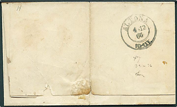 Herzogth. Schleswig 1 1/4 Sch. stukken kant på brev stemplet Eckernförde d. 3.12.1866 via Holst. EB. P. Sp. B. til Altona. 