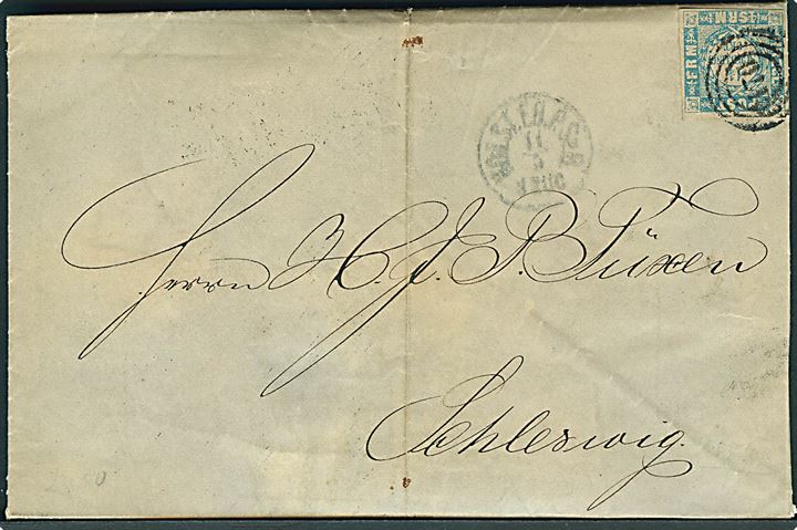 Holstein/Lauenburg. 1 1/4 Sch. utakket på brev fra Kiel annulleret med nr.stempel 170 og sidestemplet lapidar Holst. EB.P.Sp.B. d. 11.5.1864 via Schlesw. Post-Sped.Bur. No. II nördlich til Schleswig.