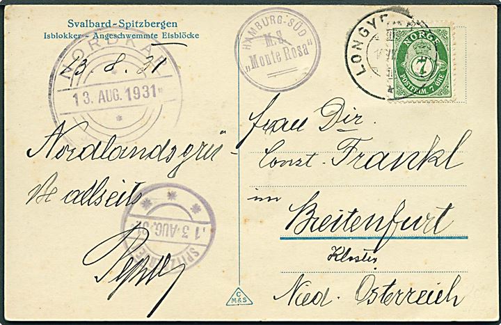 7 øre Posthorn på brevkort (Isblokke ved Svalbard) stemplet Longyearbyen d. 14.8.1931 til Breitenfurt, Østrig. Sidestemplet: Nordkap, Spitzbergen d. 13.8.1931 og Hamburg-Süd M.S. Monte Rosa.