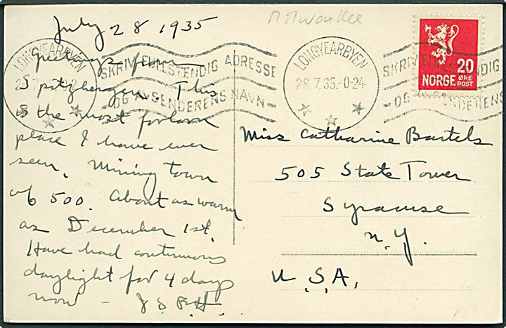 20 øre Løve på brevkort (Magdalene Bay, Svalbard) annulleret med maskinstempel i Longyearbyen d. 28.7.1935 til Syracuse, USA. 