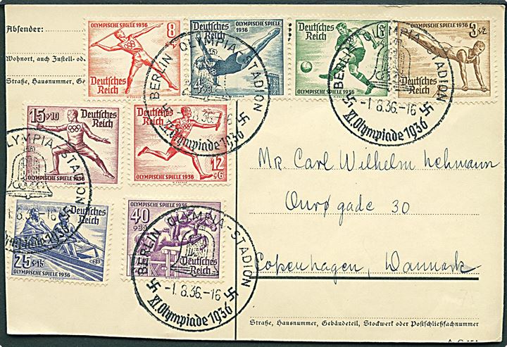 Komplet sæt Olympiade på brevkort stemplet Berlin Olympia-Stadion / XI Olympiade 1936 d. 1.8.1936 til København, Danmark.