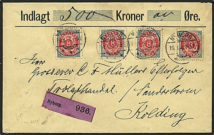 8 øre Tofarvet omv. ramme på 32 øre frankeret værdibrev stemplet Nyborg d. 19.8.1902 til Kolding.