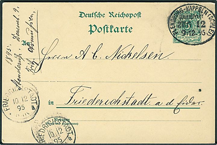5 pfg. helsagsbrevkort fra Stenderup annulleret med bureaustempel Flensburg - Kappeln (Schlei) Bahnpost Zug 12 d. 9.12.1895 til Friedreichstadt.